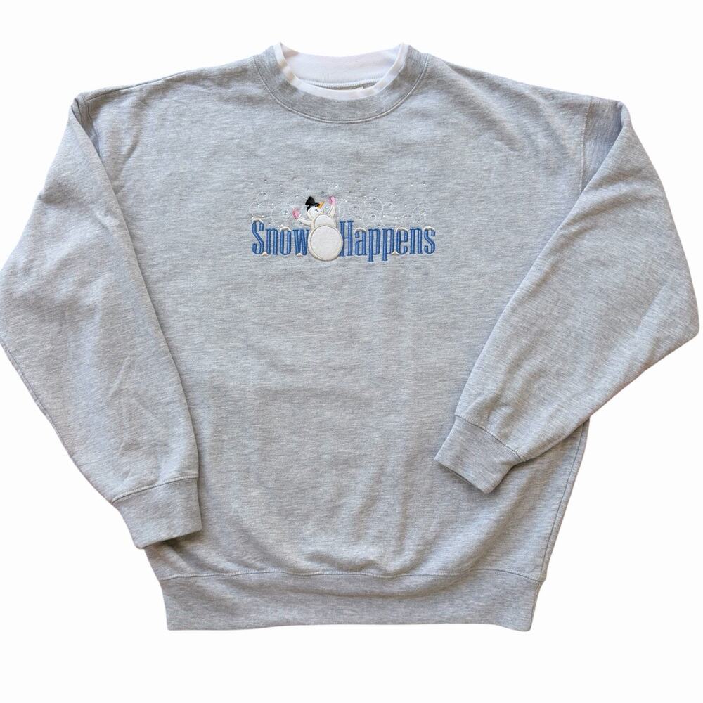 Vintage Sweatshirt M&C Sportswear Snow Happens L Gray Embroidered Faux Mockneck
